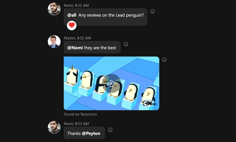 A chat message about The Lead Penguin