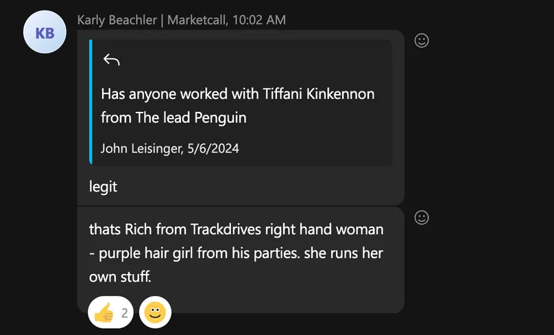 A chat message about The Lead Penguin