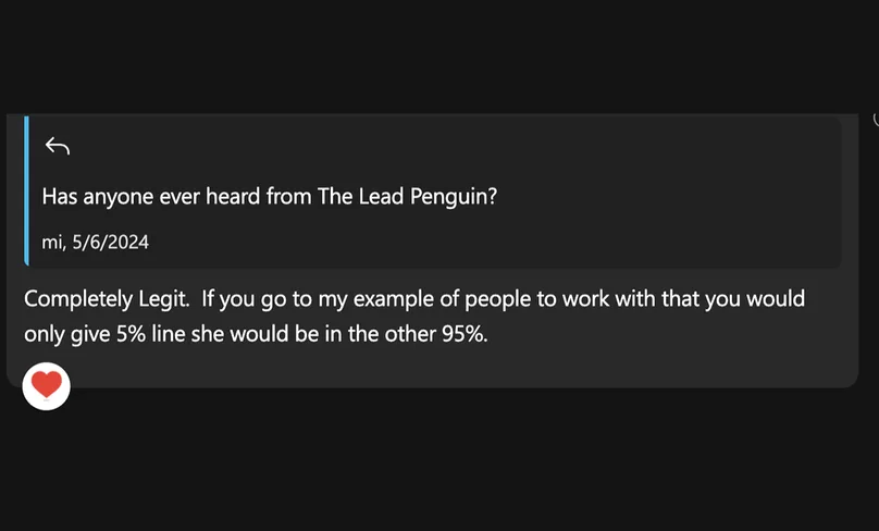 A chat message about The Lead Penguin