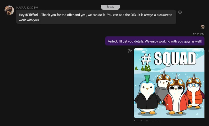 A chat message about The Lead Penguin