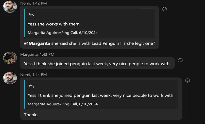A chat message about The Lead Penguin