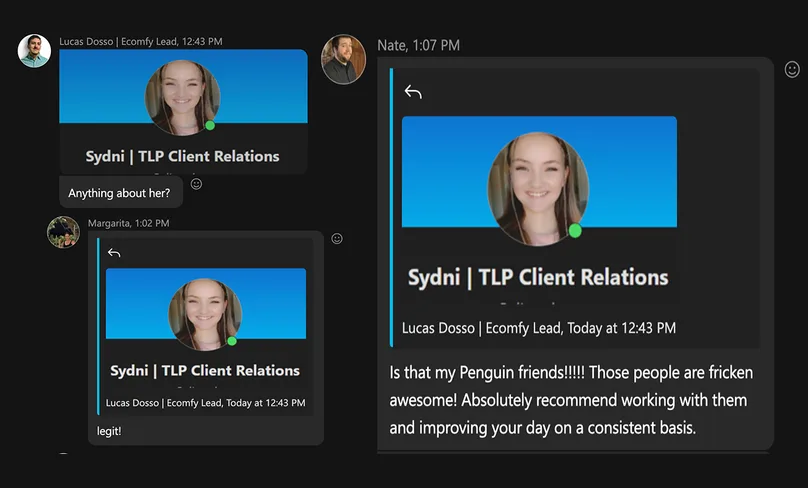 A chat message about The Lead Penguin