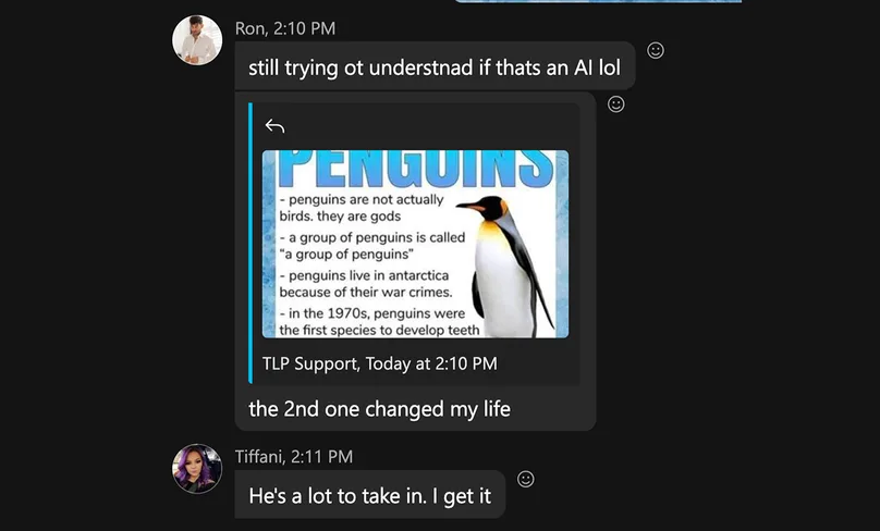 A chat message about The Lead Penguin