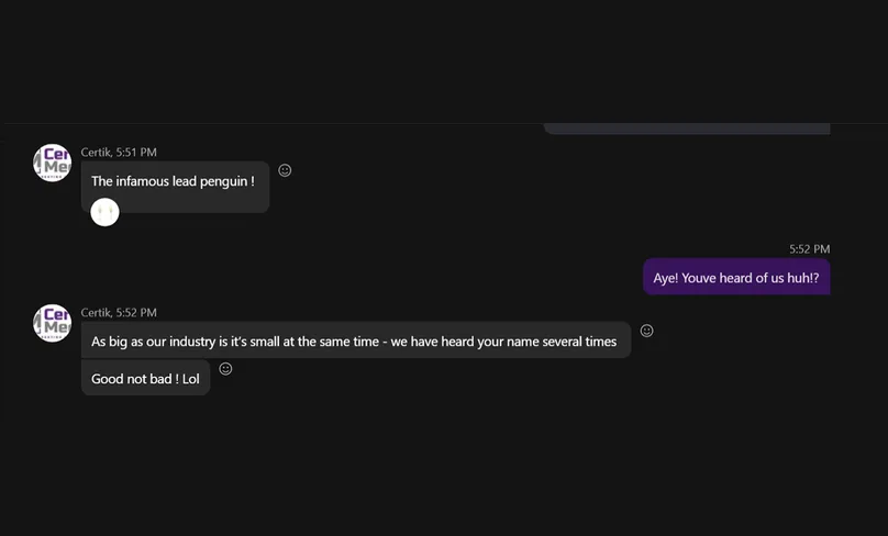 A chat message about The Lead Penguin