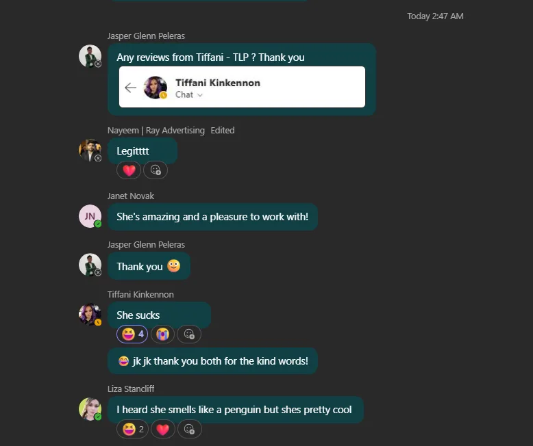 A chat message about The Lead Penguin
