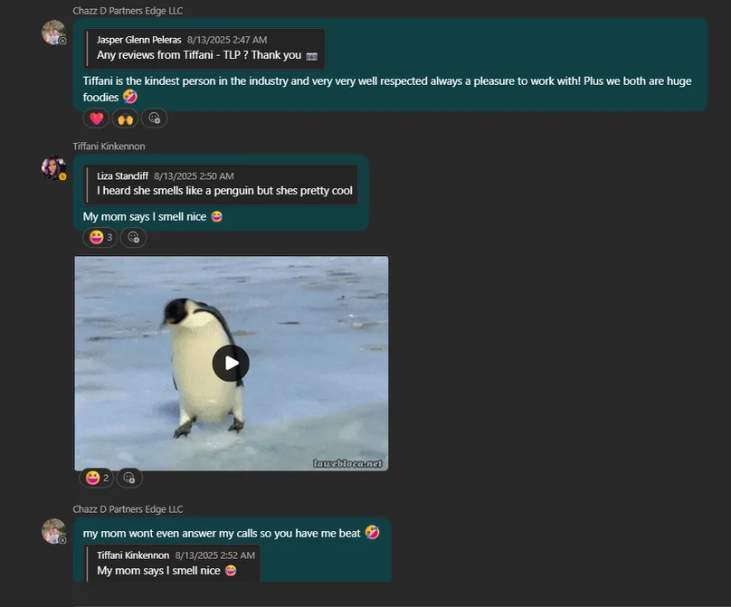 A chat message about The Lead Penguin